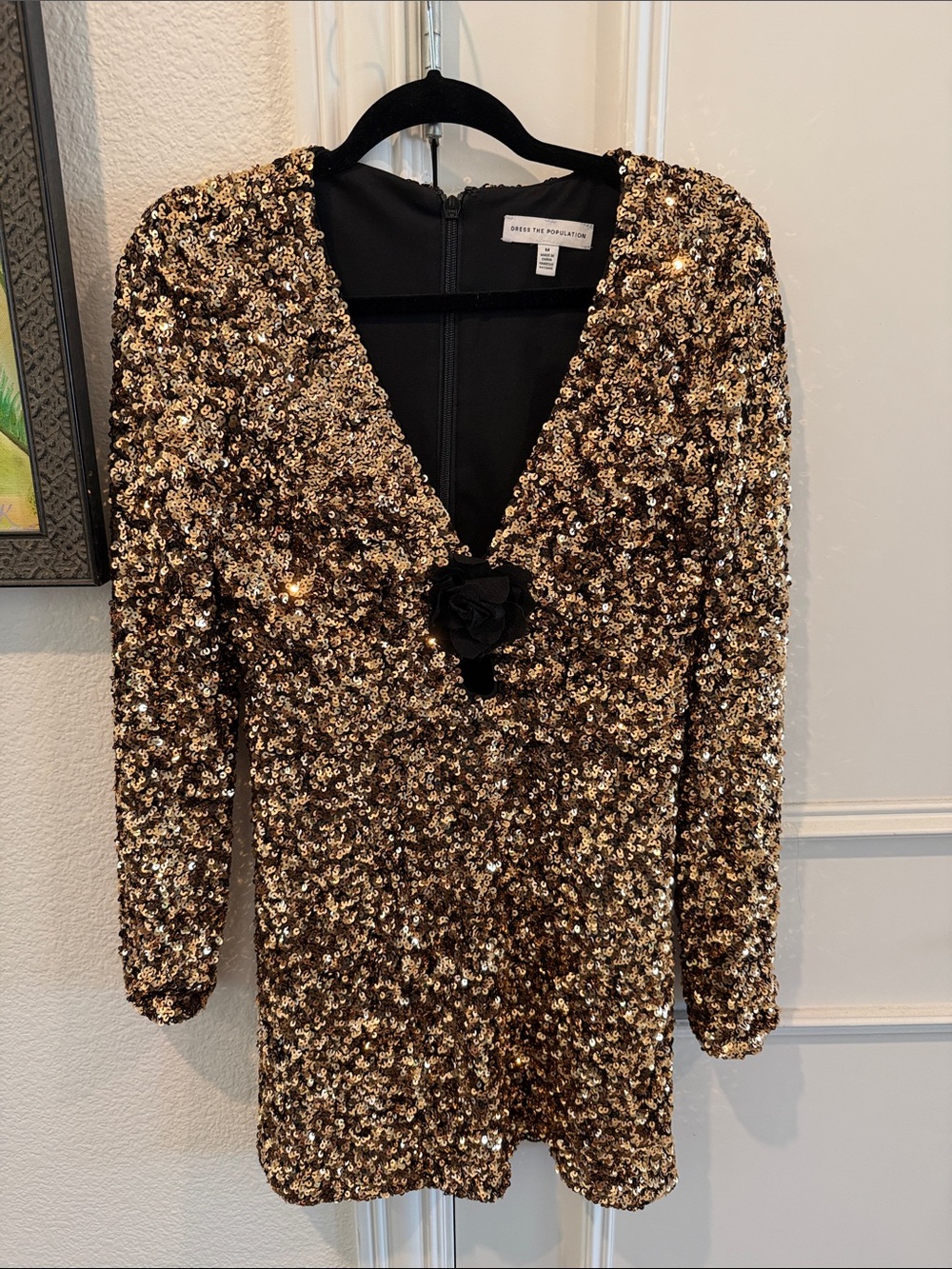 Dress the Population Gold Sequin Long Sleeve V-Neck Mini Dress